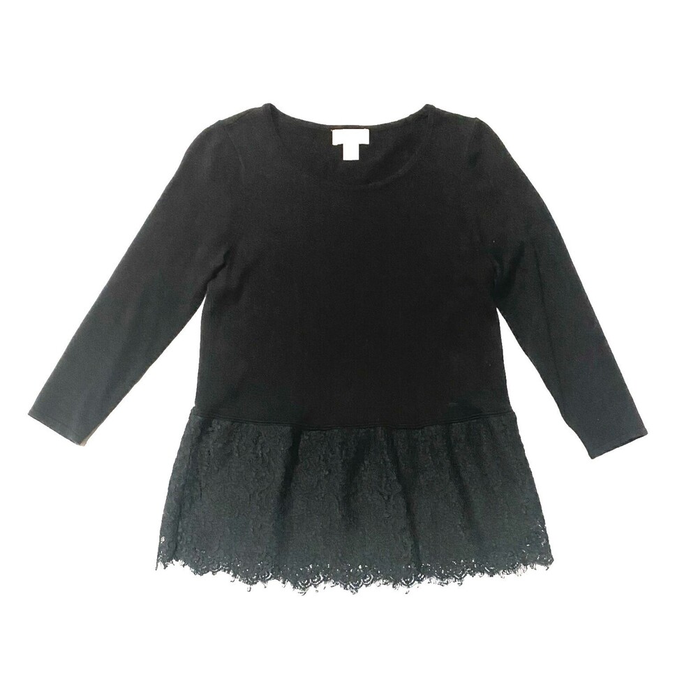 LOFT Black Lace Peplum Sweater Womens XS Romantic Knit Long Sleeve Pullover Top